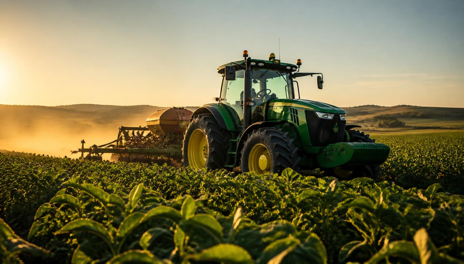 Operador realizando inspeção em máquina agrícola no fim da tarde